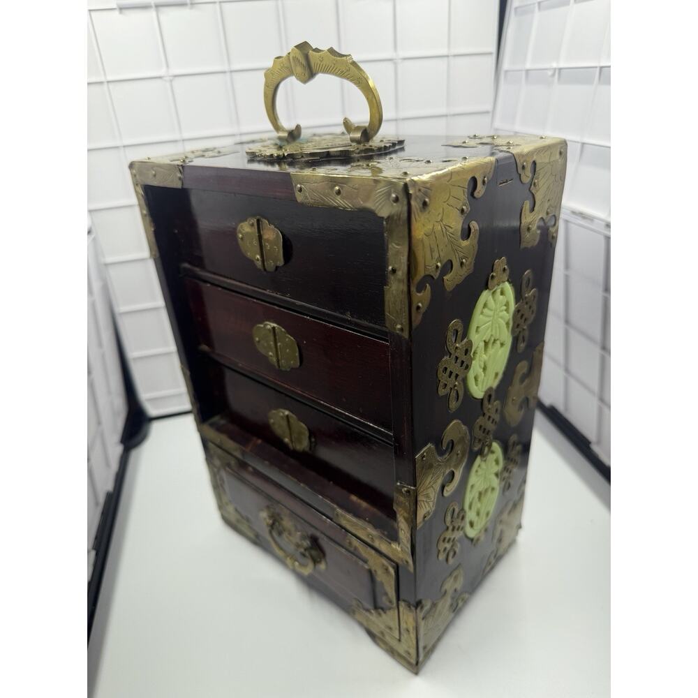 Stunning Antique Asian Jewelry Box w/ Ornate Brass, Chinese Carved Jade Inserts